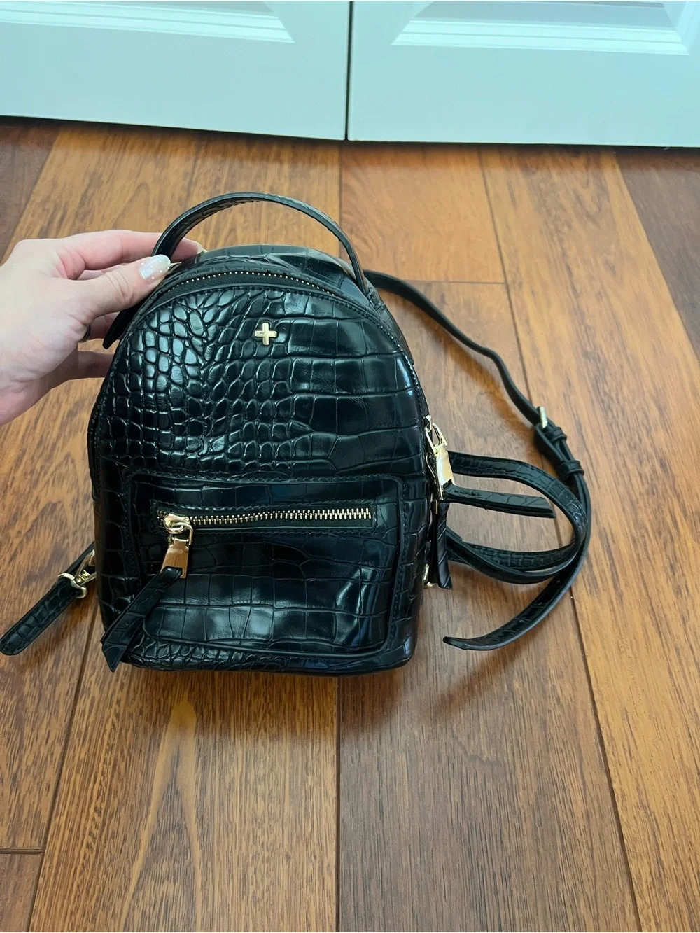 Princess Polly Black Croc Mini Backpack with Gold Hardware